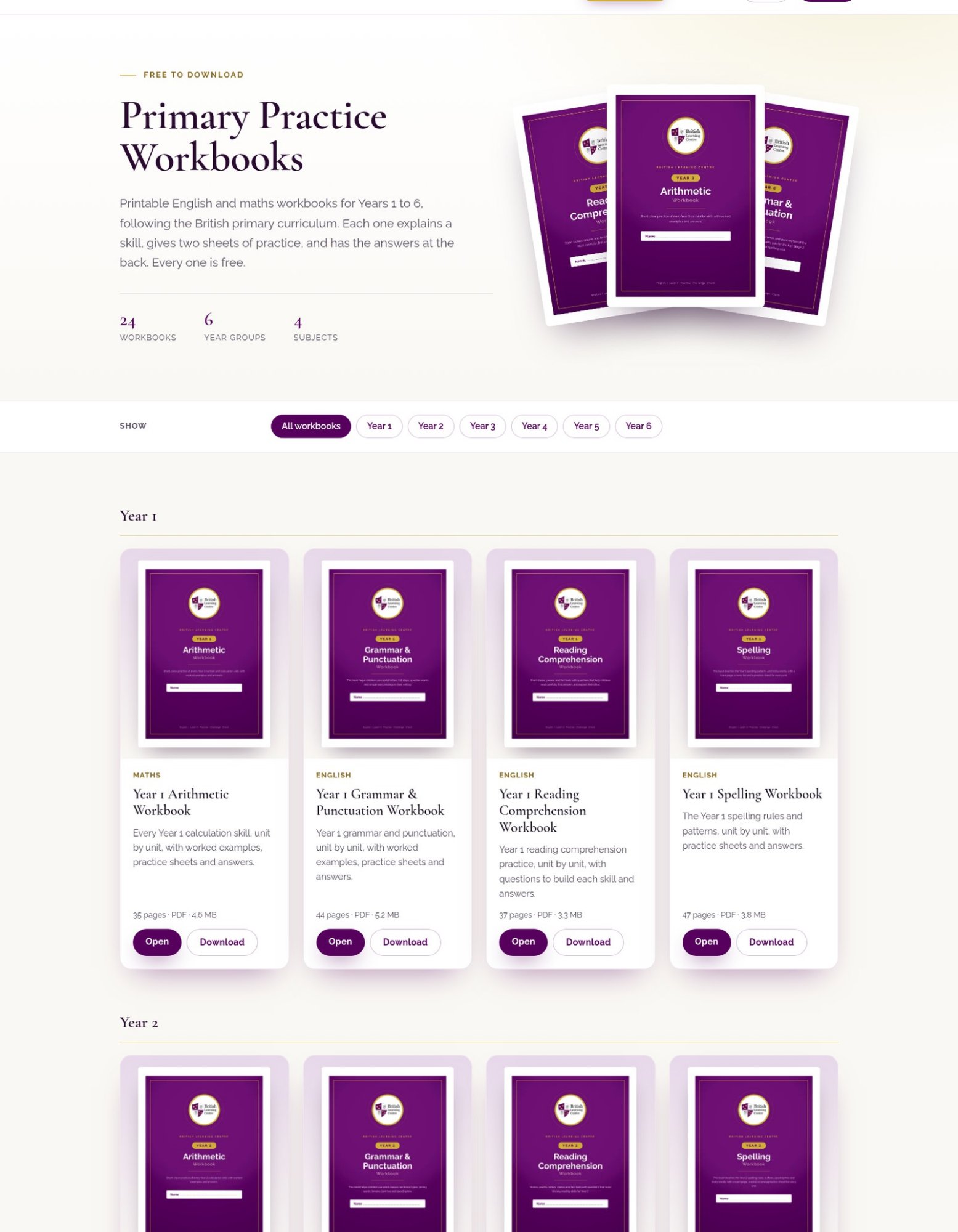The Primary Practice Workbooks page, showing Year 1 Arithmetic, Grammar & Punctuation, Reading Comprehension and Spelling