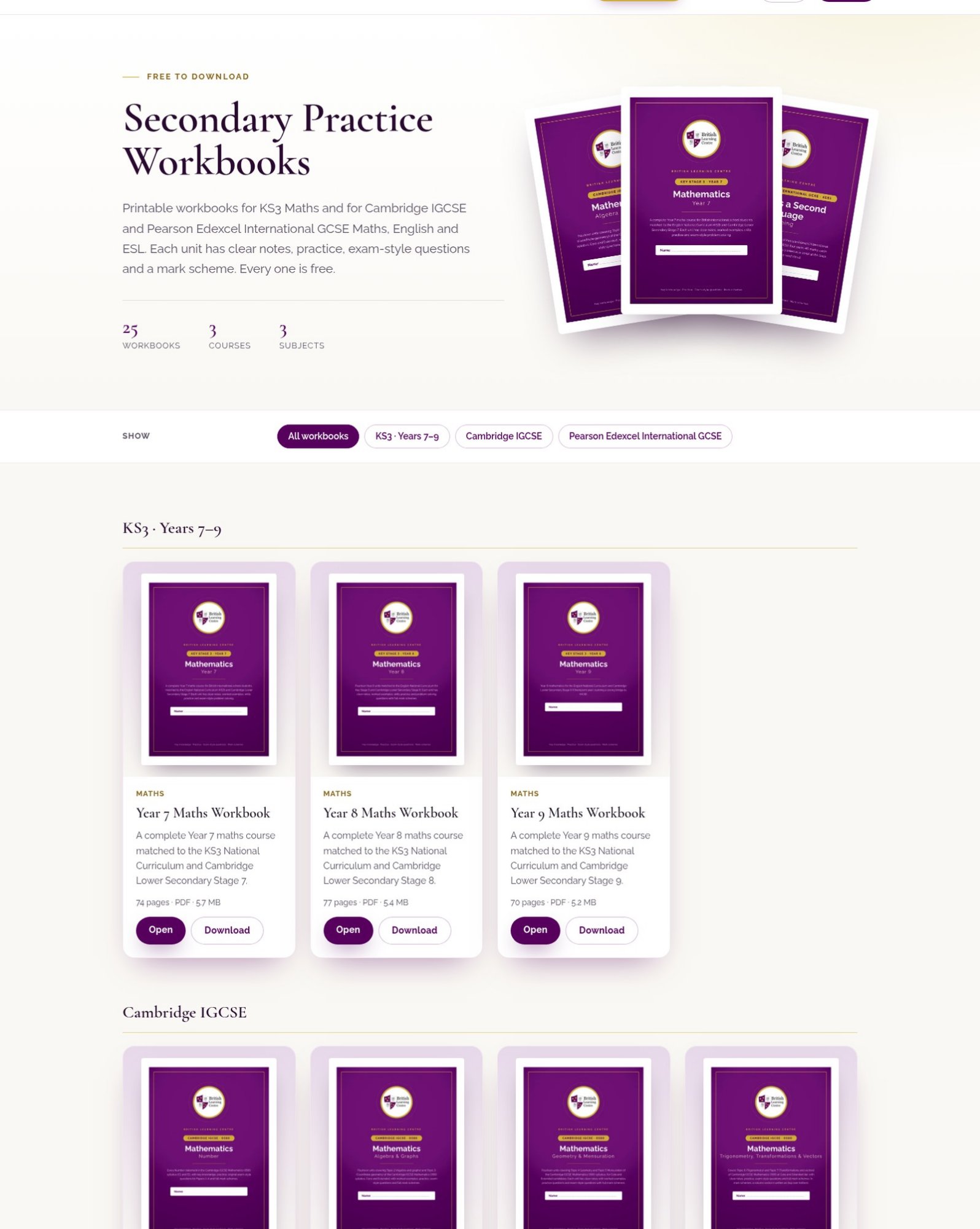 The Secondary Practice Workbooks page, showing KS3 Years 7–9 Maths and the start of the Cambridge IGCSE set